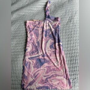 Pink Marble One-Shoulder Mesh Dress | High Slits | Size Medium | NWT